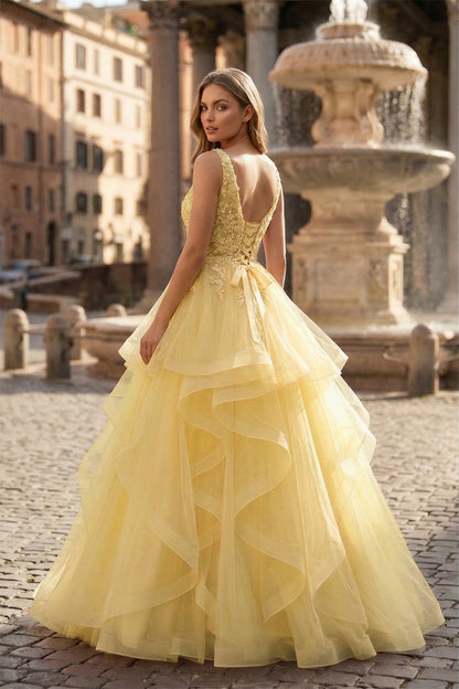 A-Line Prom Dresses Princess Dress Formal Floor Length Sleeveless V Neck Tulle Backless with Pleats Appliques