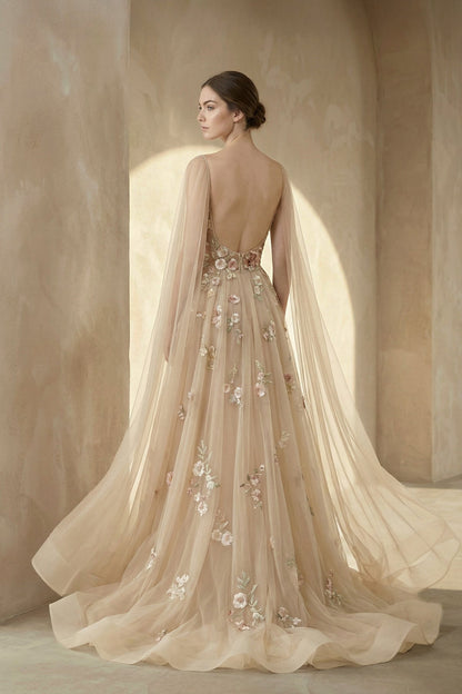 A-line 3D Flower Colorful V Neck Tulle Forest Wedding Dresses