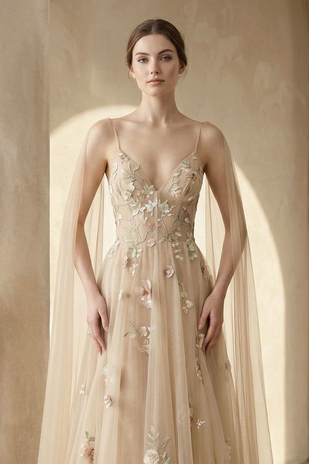 A-line 3D Flower Colorful V Neck Tulle Forest Wedding Dresses