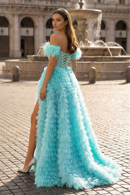 A Line Off the Shoulder Tiered Tulle Prom Dress With Slit