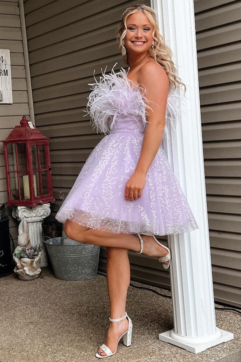 A-Line Black Sequin Feather Short Party Dress