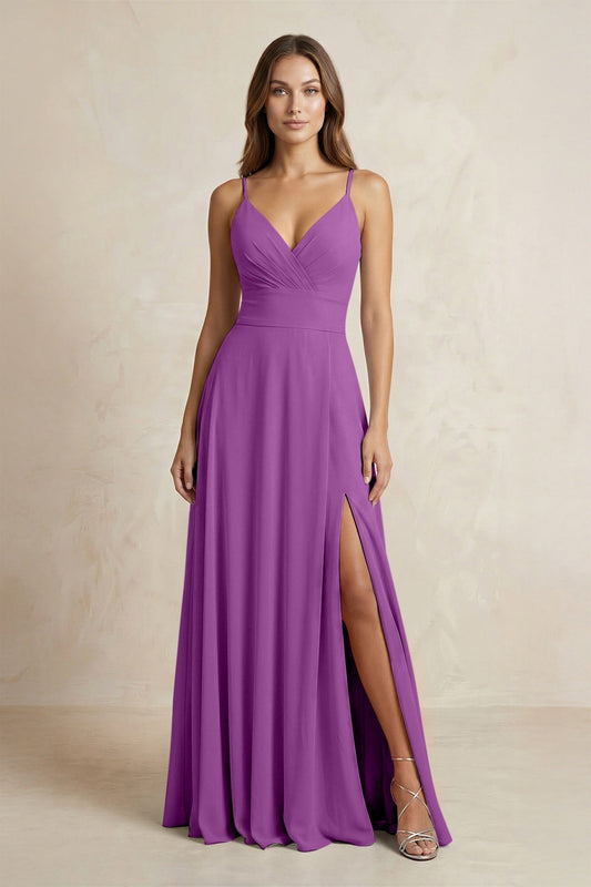 A-Line Cami Strap Chiffon Bridesmaid Dress With Slit in Amethyst