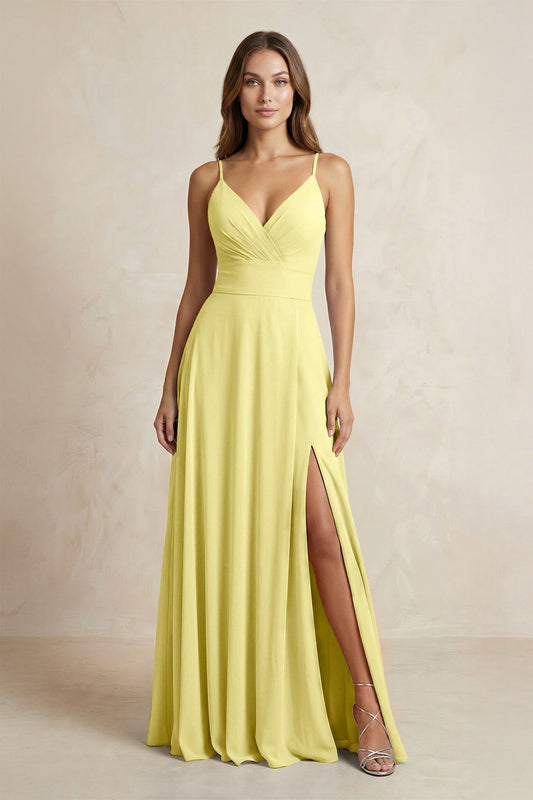 A-Line Cami Strap Chiffon Bridesmaid Dress With Slit in Buttercup