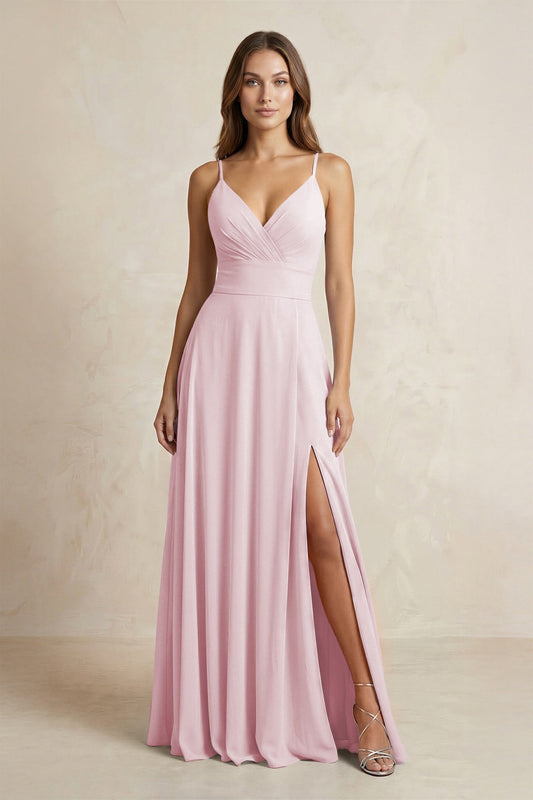 A-Line Cami Strap Chiffon Bridesmaid Dress With Slit in Candy Pink