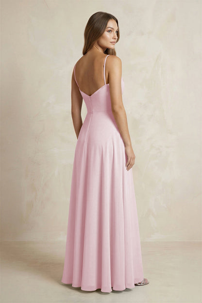 A-Line Cami Strap Chiffon Bridesmaid Dress With Slit in Candy Pink