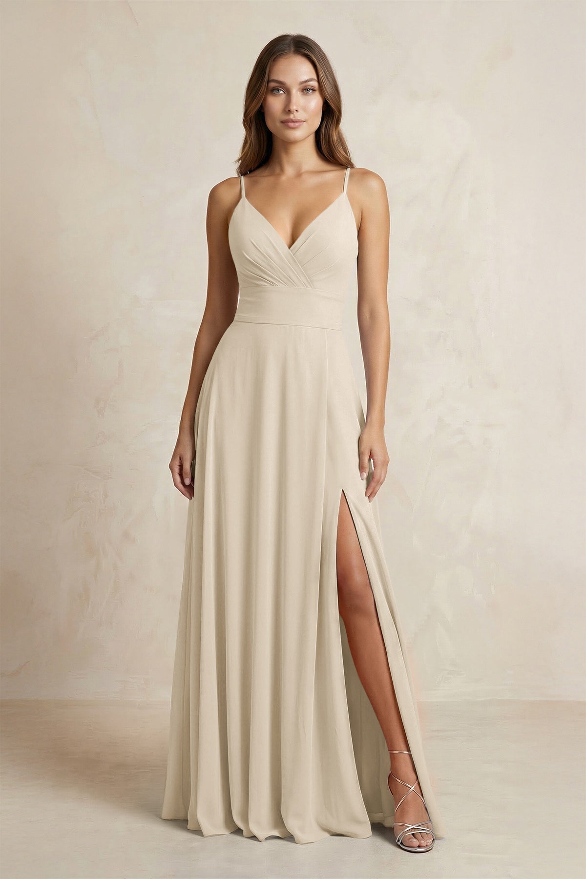 A-Line Cami Strap Chiffon Bridesmaid Dress With Slit in Champagne