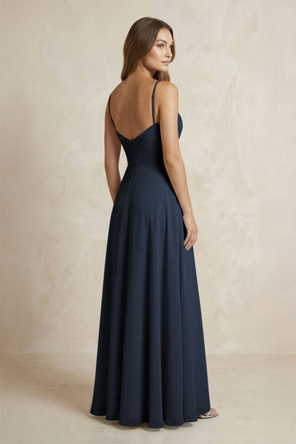 A-Line Cami Strap Chiffon Bridesmaid Dress With Slit in Dark Navy