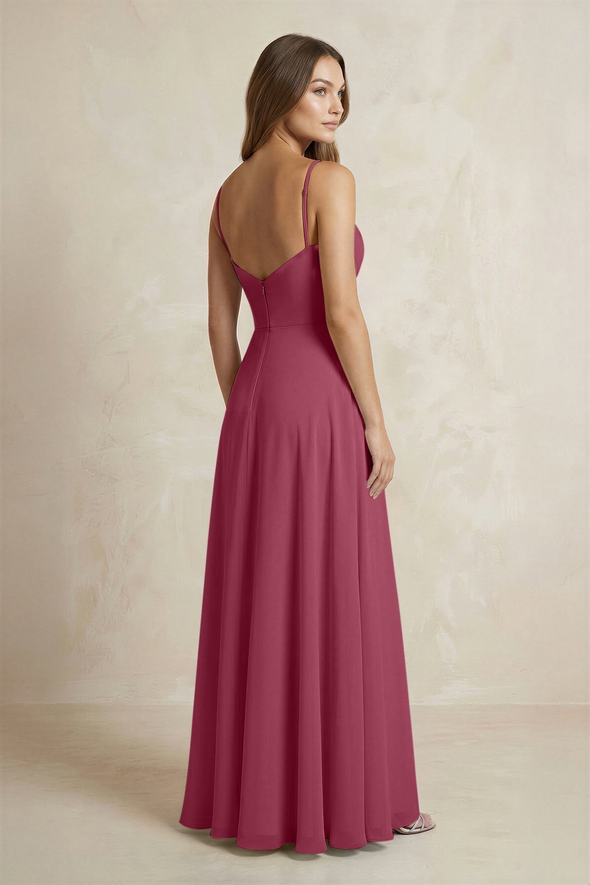 A-Line Cami Strap Chiffon Bridesmaid Dress With Slit in Desert Rose