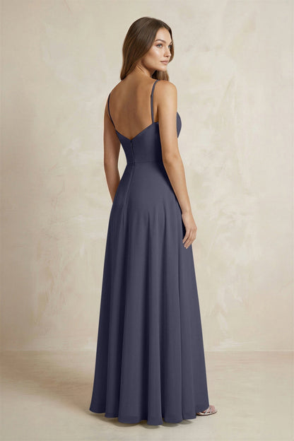 A-Line Cami Strap Chiffon Bridesmaid Dress With Slit in Dusk Blue