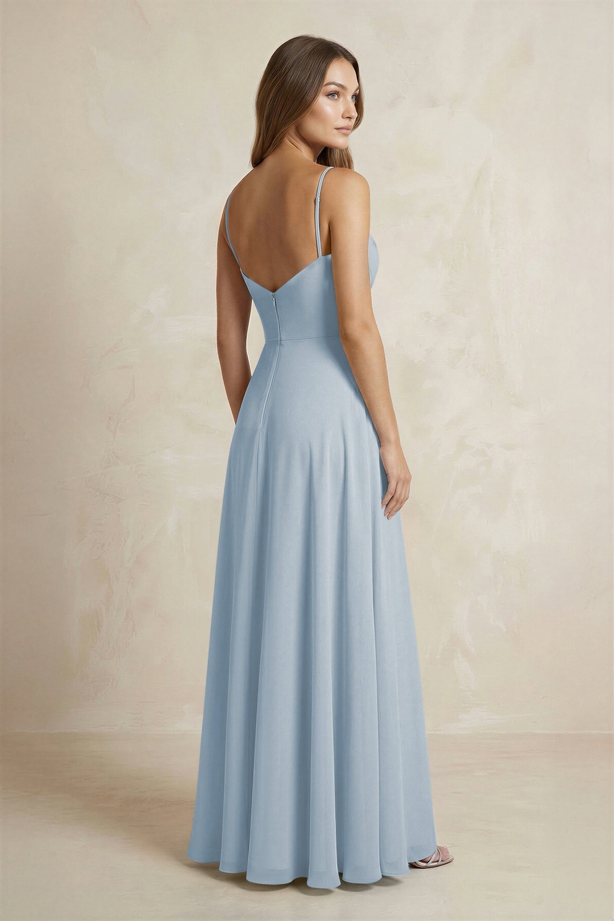 A-Line Cami Strap Chiffon Bridesmaid Dress With Slit in Dusty Blue