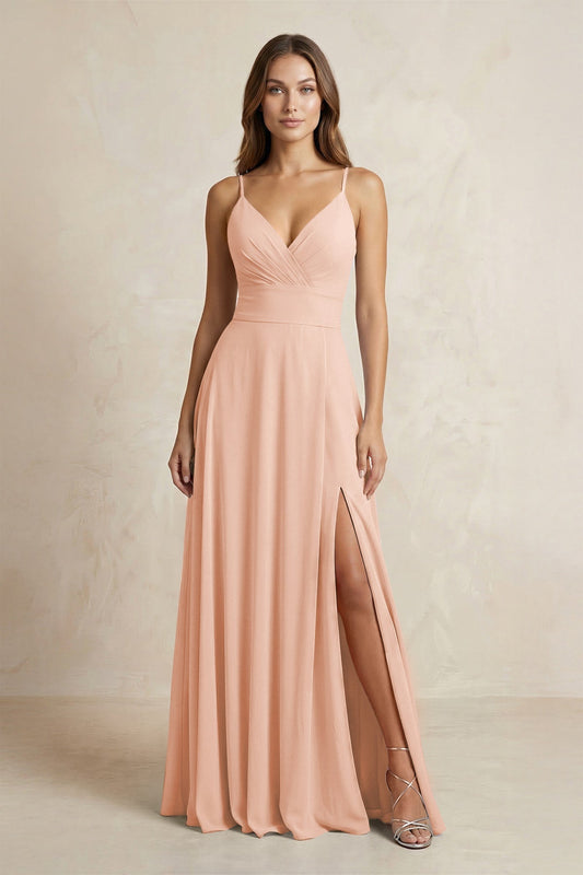 A-Line Cami Strap Chiffon Bridesmaid Dress With Slit in English Rose