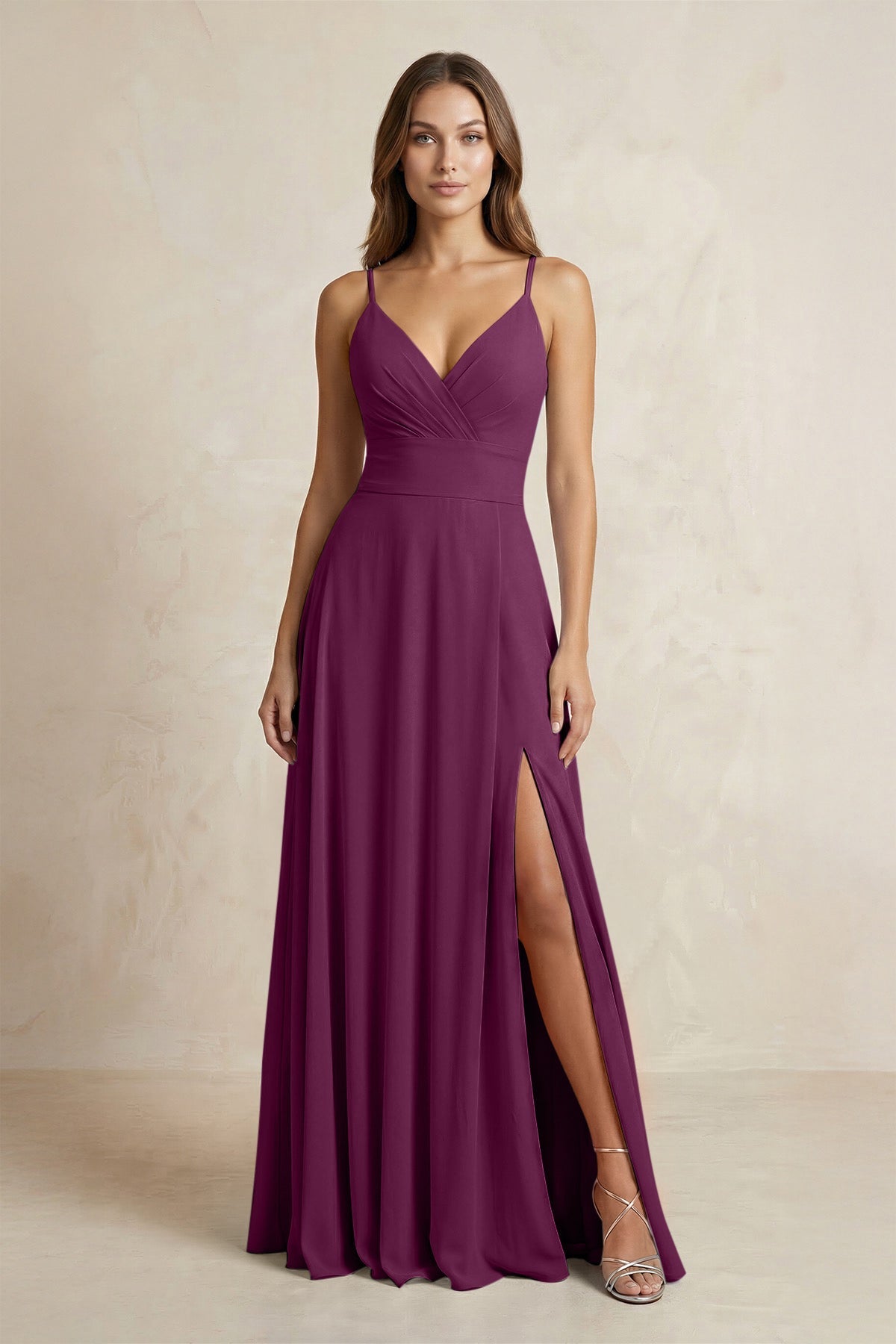 A-Line Cami Strap Chiffon Bridesmaid Dress With Slit in Fig