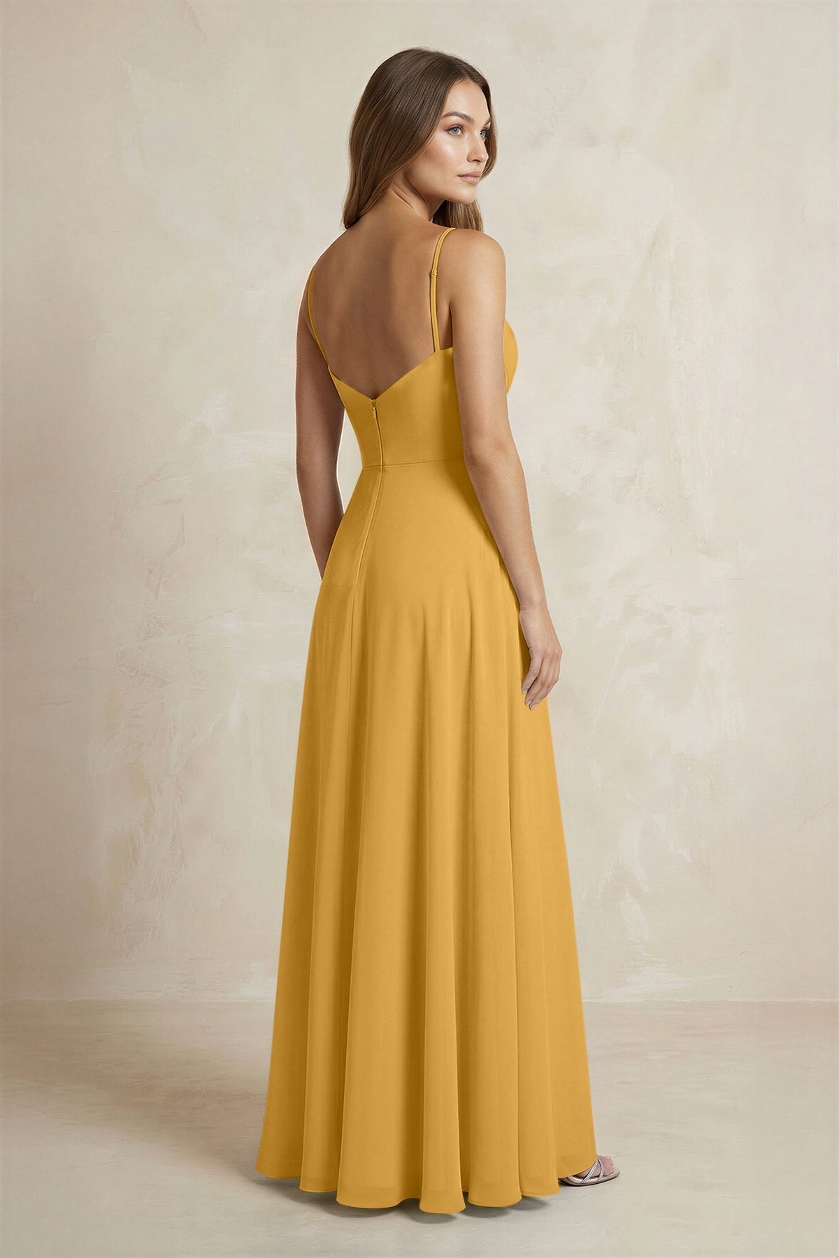A-Line Cami Strap Chiffon Bridesmaid Dress With Slit in Marigold