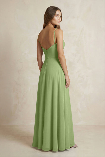 A-Line Cami Strap Chiffon Bridesmaid Dress With Slit in Matcha