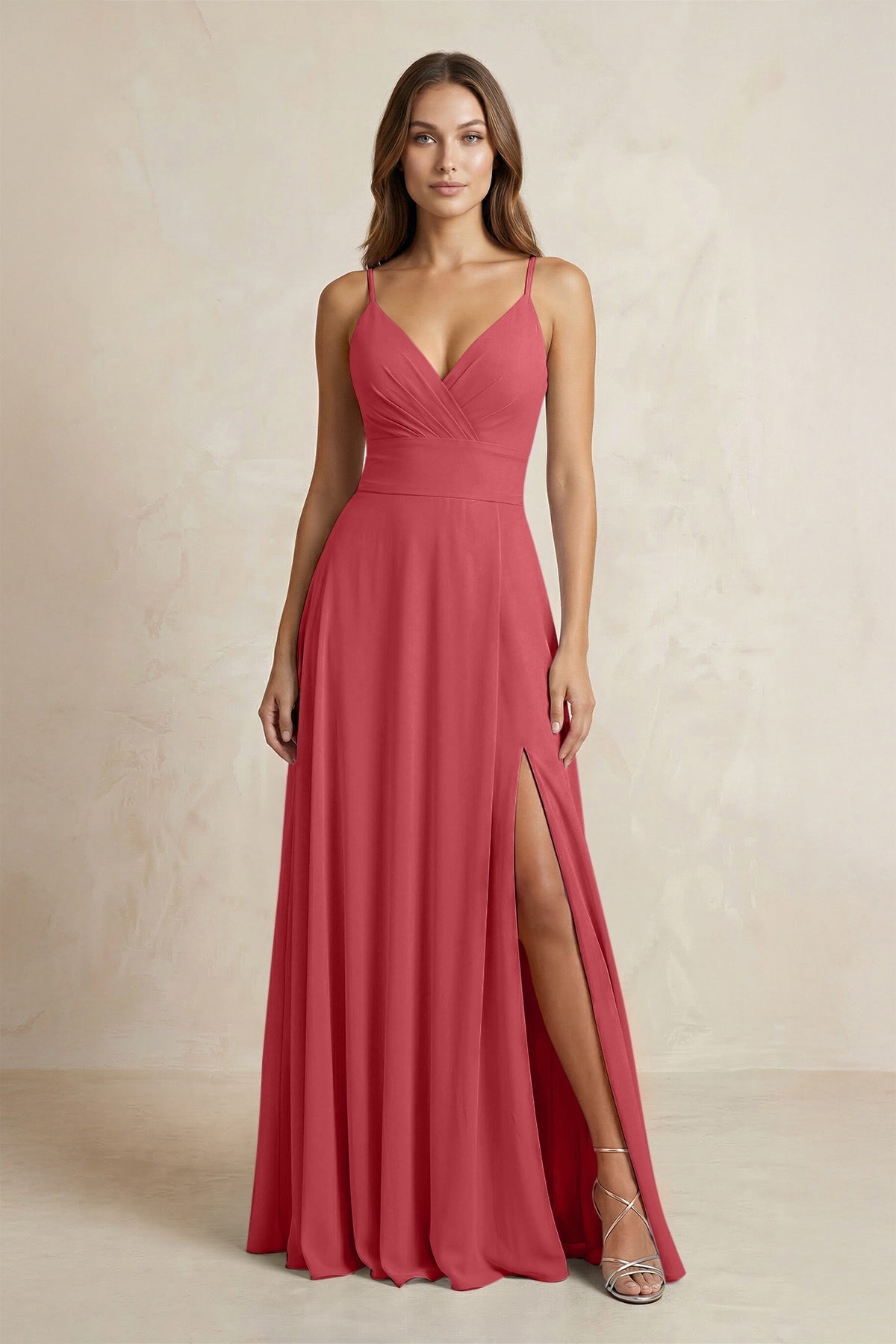 A-Line Cami Strap Chiffon Bridesmaid Dress With Slit in Merlot