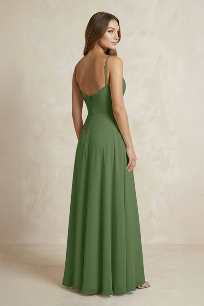 A-Line Cami Strap Chiffon Bridesmaid Dress With Slit in Moss