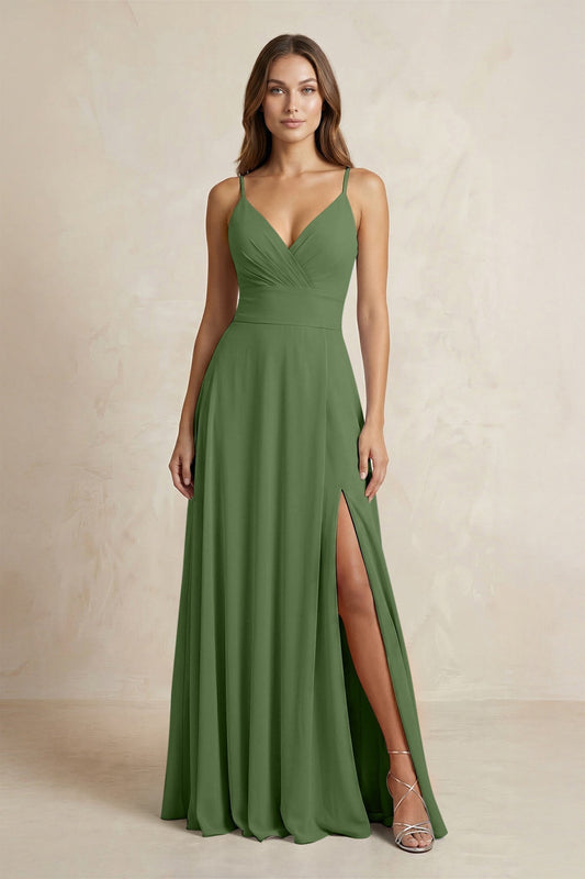 A-Line Cami Strap Chiffon Bridesmaid Dress With Slit in Moss