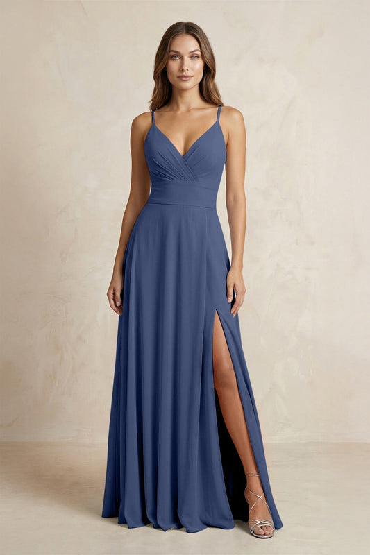 A-Line Cami Strap Chiffon Bridesmaid Dress With Slit in Navy