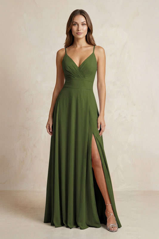 A-Line Cami Strap Chiffon Bridesmaid Dress With Slit in Olive