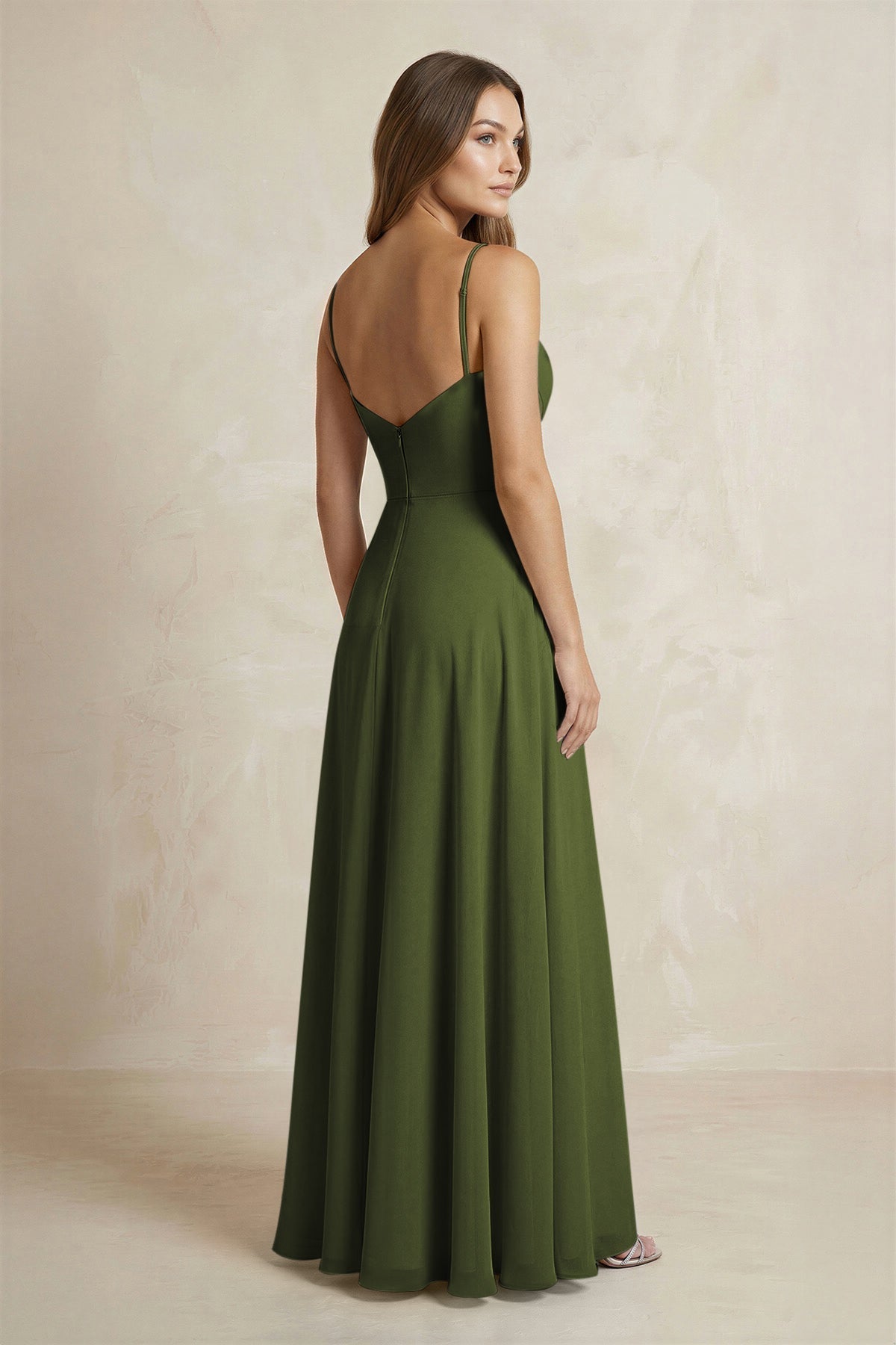 A-Line Cami Strap Chiffon Bridesmaid Dress With Slit in Olive