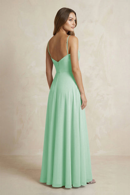A-Line Cami Strap Chiffon Bridesmaid Dress With Slit in Pale Pistachio