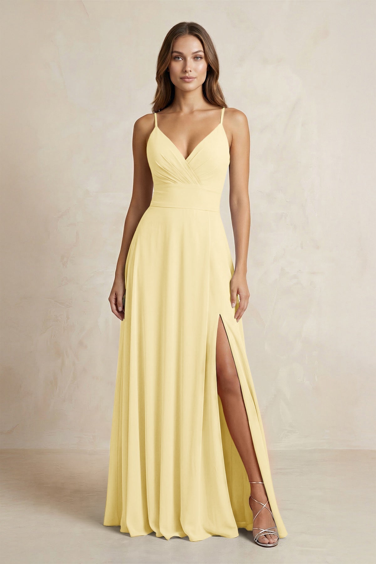 A-Line Cami Strap Chiffon Bridesmaid Dress With Slit in Pastel Yellow