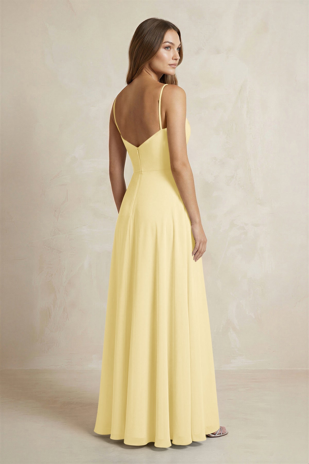 A-Line Cami Strap Chiffon Bridesmaid Dress With Slit in Pastel Yellow