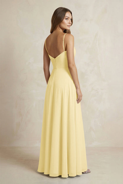 A-Line Cami Strap Chiffon Bridesmaid Dress With Slit in Pastel Yellow