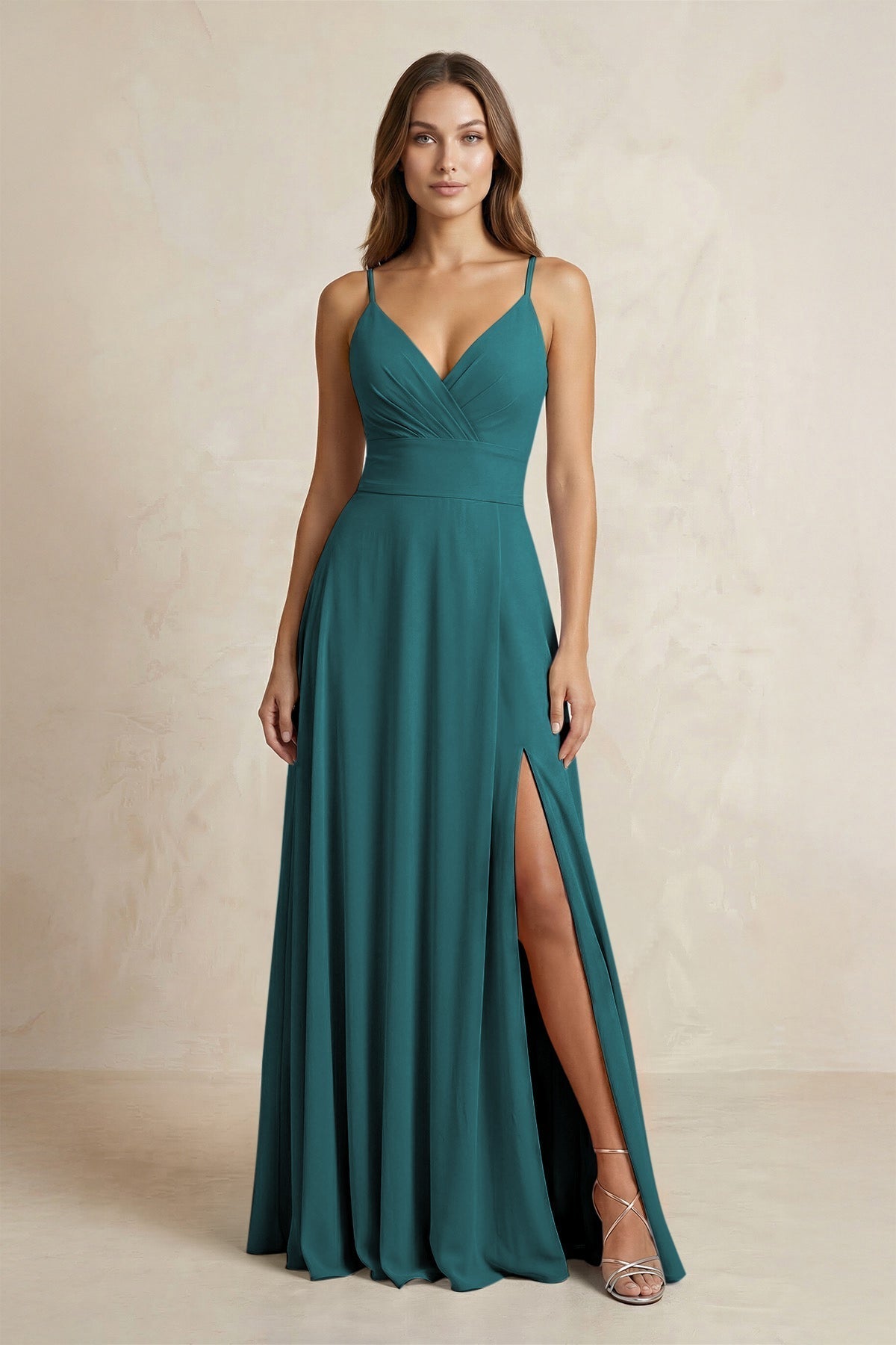 A-Line Cami Strap Chiffon Bridesmaid Dress With Slit in Pine