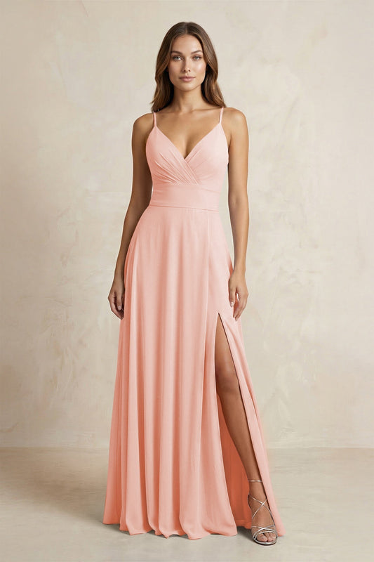 A-Line Cami Strap Chiffon Bridesmaid Dress With Slit in Rose Petal