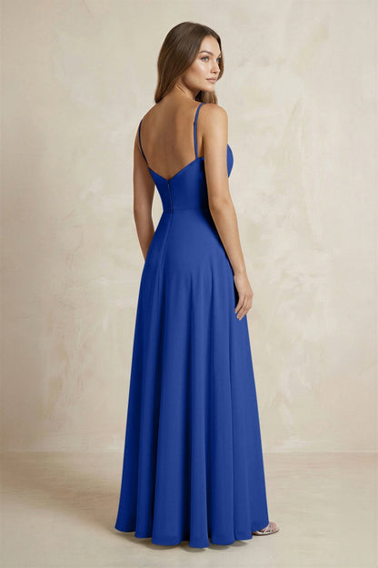 A-Line Cami Strap Chiffon Bridesmaid Dress With Slit in Royal Blue