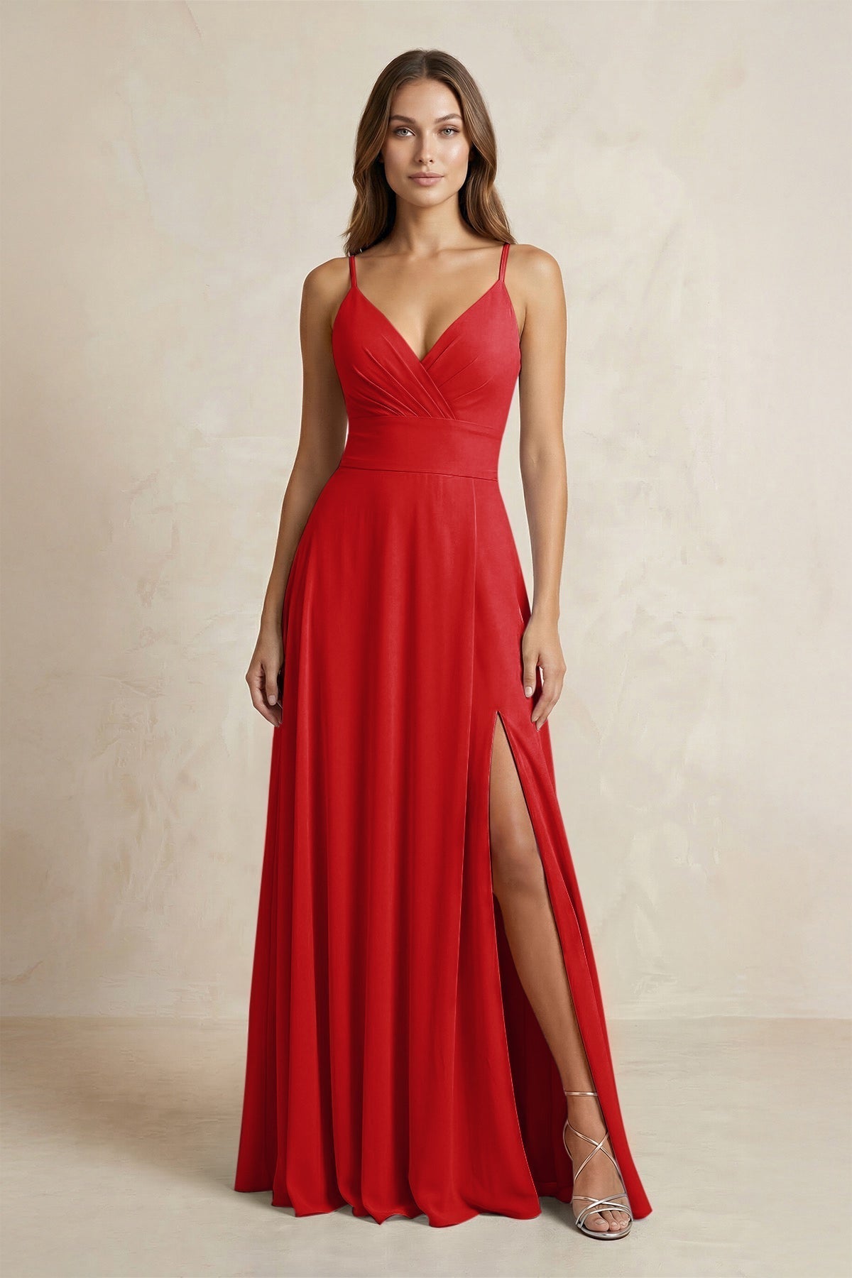 A-Line Cami Strap Chiffon Bridesmaid Dress With Slit in Ruby Red