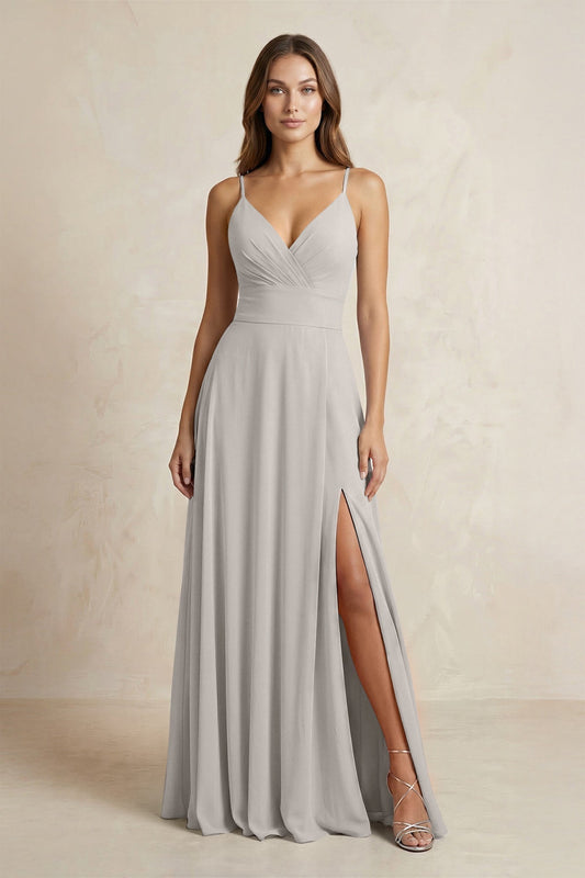 A-Line Cami Strap Chiffon Bridesmaid Dress With Slit in Silver
