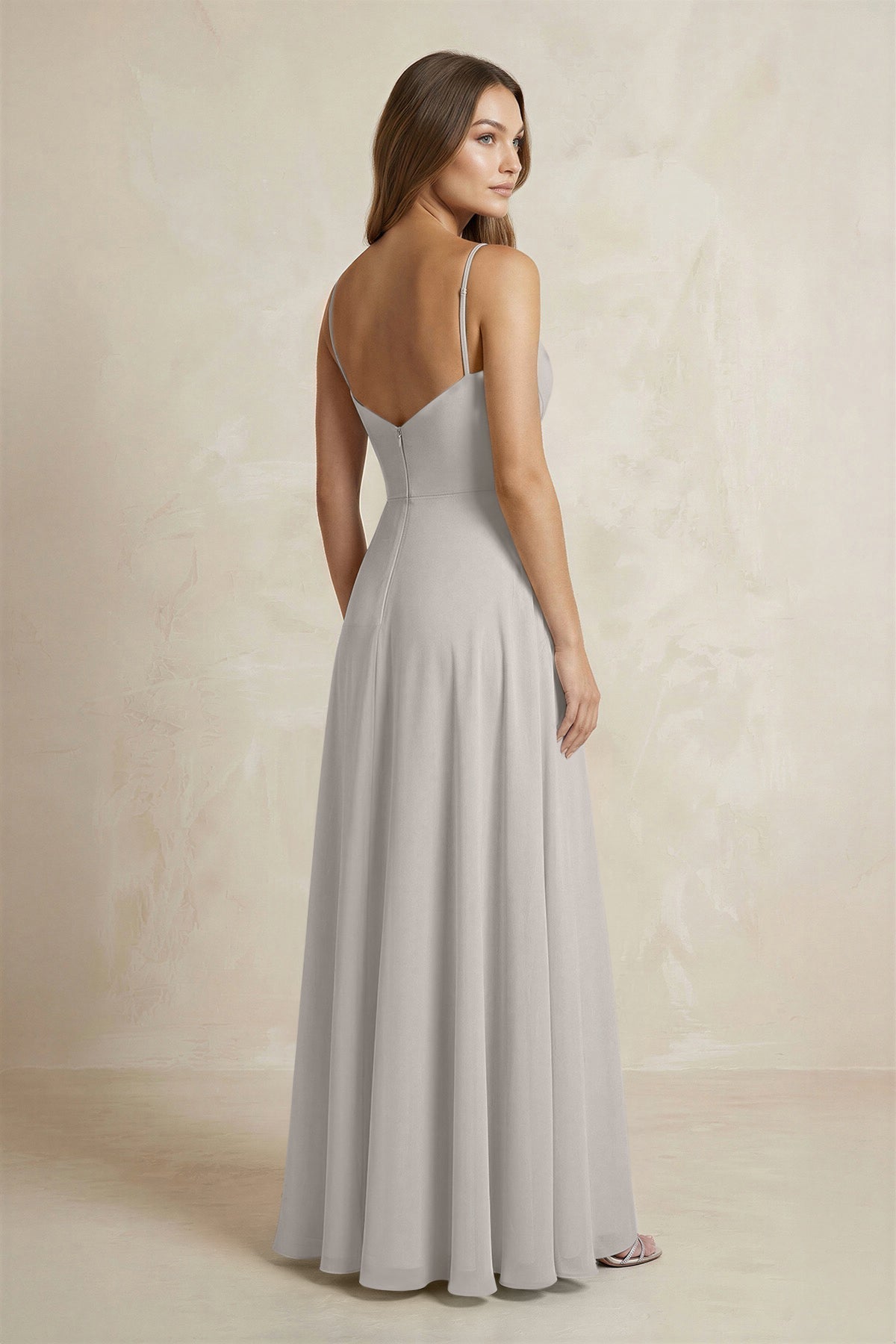 A-Line Cami Strap Chiffon Bridesmaid Dress With Slit in Silver