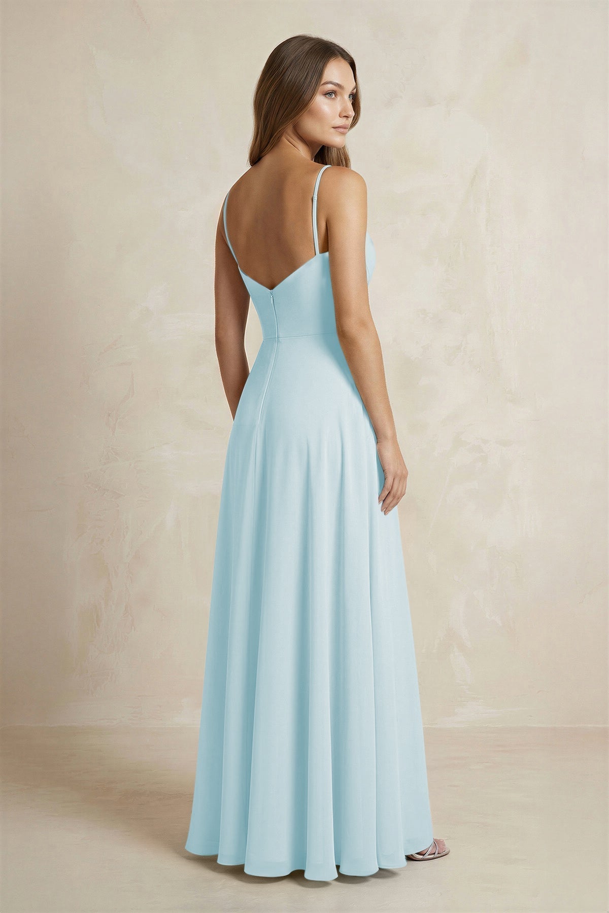 A-Line Cami Strap Chiffon Bridesmaid Dress With Slit in Sky Blue