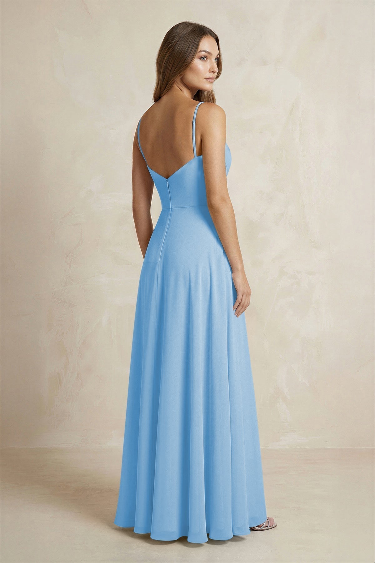 A-Line Cami Strap Chiffon Bridesmaid Dress With Slit in Steel Blue