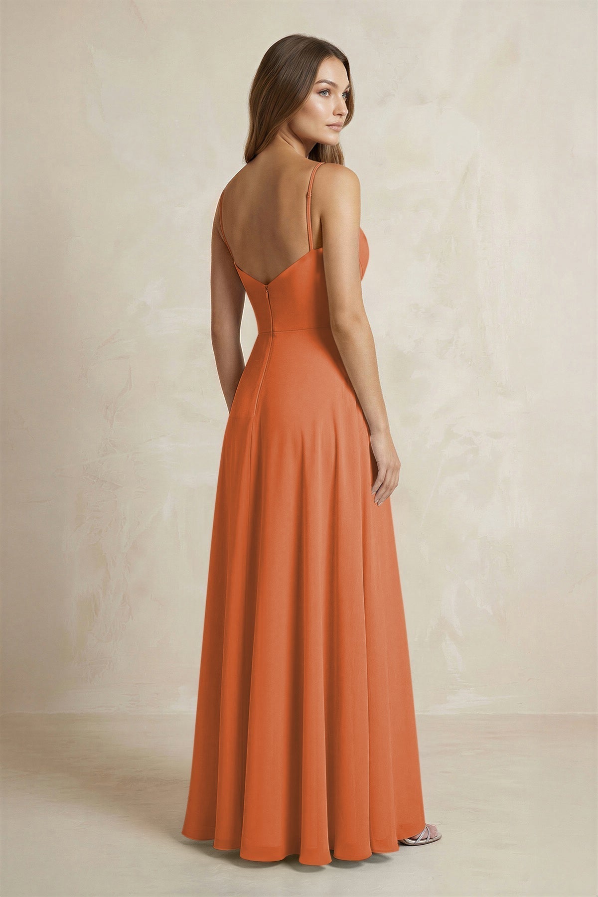 A-Line Cami Strap Chiffon Bridesmaid Dress With Slit in Terracotta