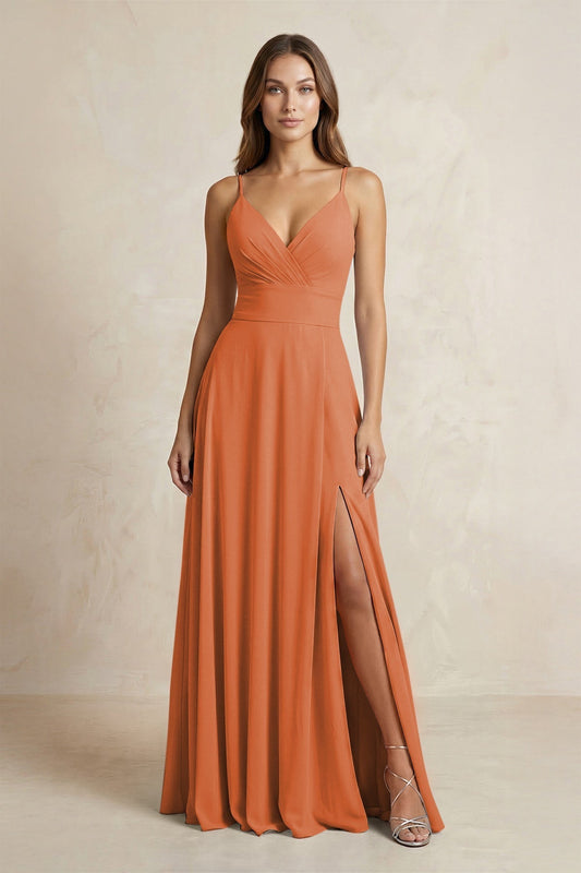 A-Line Cami Strap Chiffon Bridesmaid Dress With Slit in Terracotta