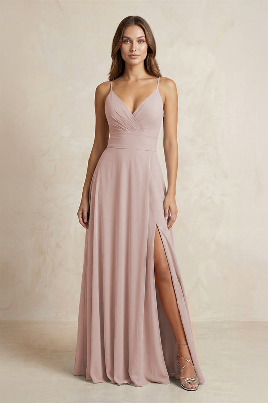 A-Line Cami Strap Chiffon Bridesmaid Dress With Slit in Toffee