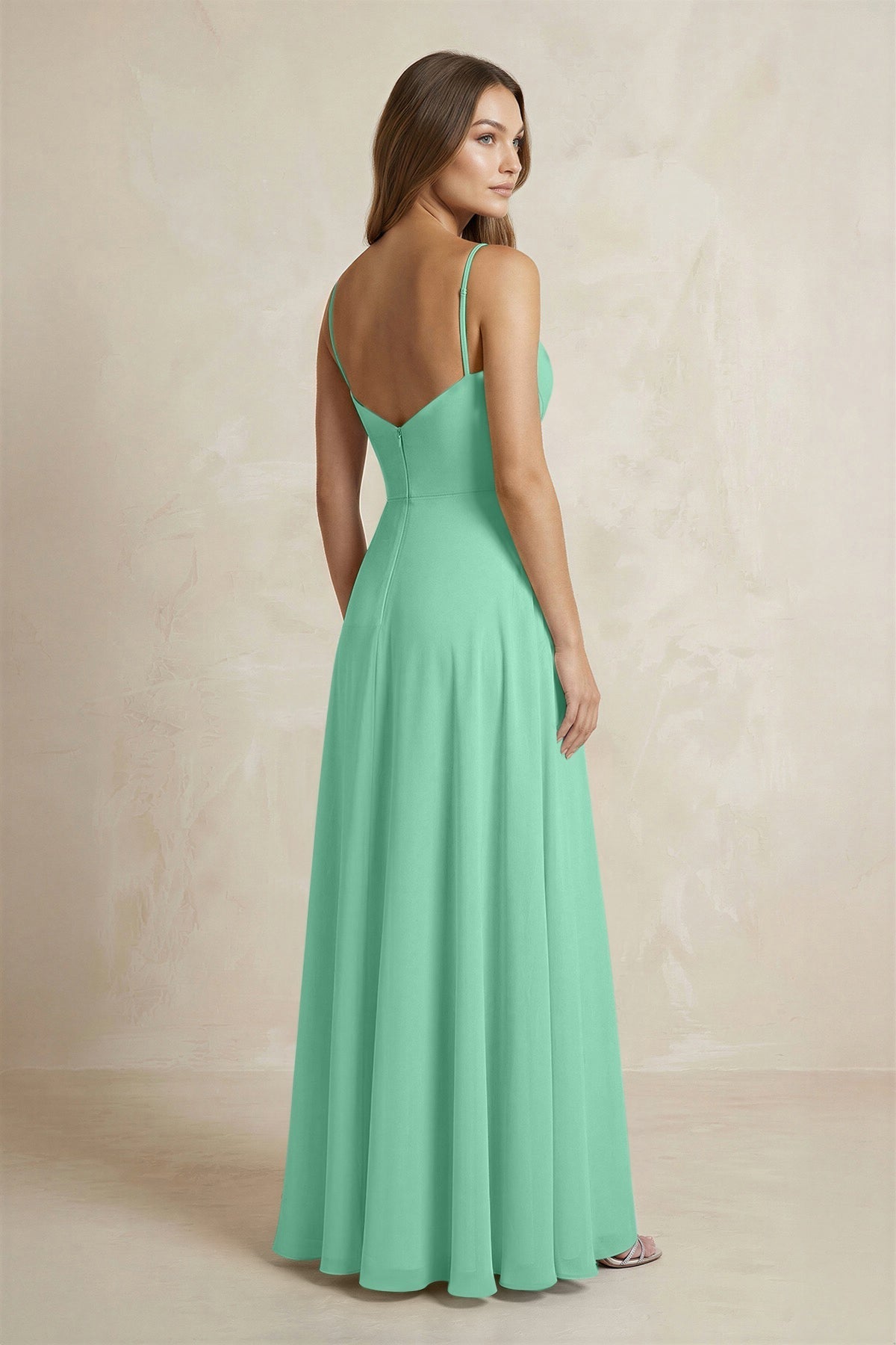 A-Line Cami Strap Chiffon Bridesmaid Dress With Slit in Turquoise