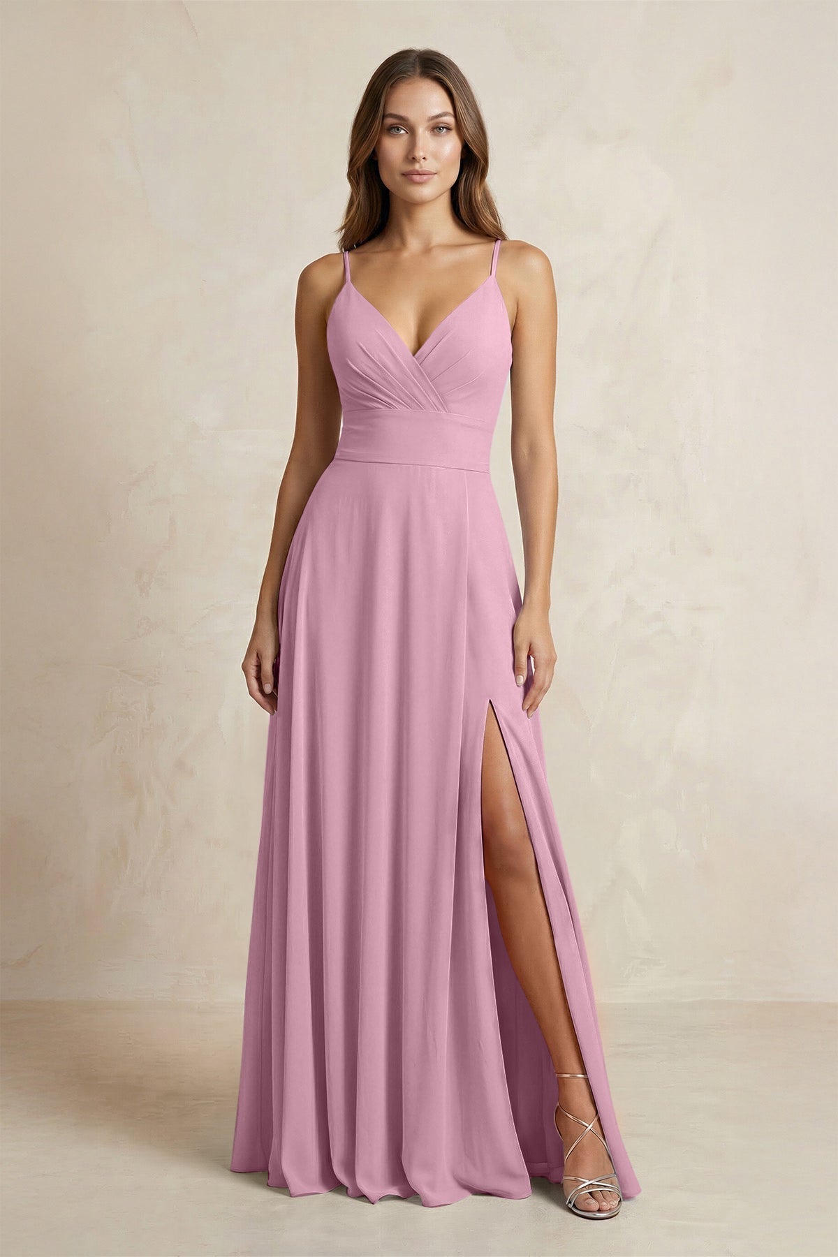 A-Line Cami Strap Chiffon Bridesmaid Dress With Slit in Vintage Mauve