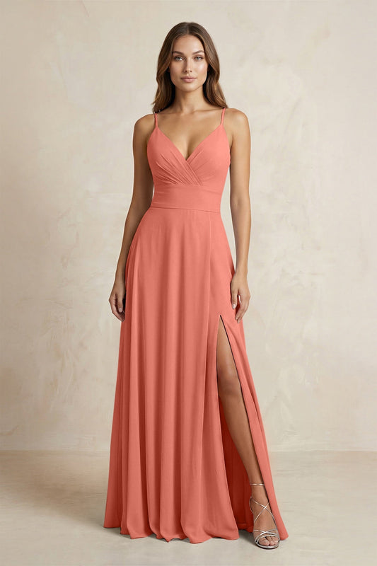 A-Line Cami Strap Chiffon Bridesmaid Dress With Slit in Wild Rose