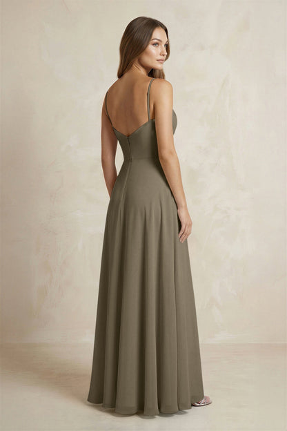 A-Line Cami Strap Chiffon Bridesmaid Dress With Slit in Willow Green