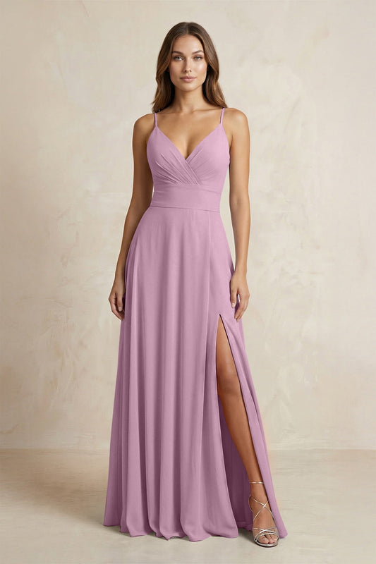 A-Line Cami Strap Chiffon Bridesmaid Dress With Slit in Wisteria