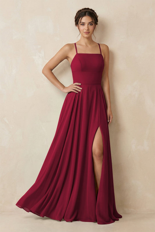 A-Line Chiffon Bridesmaid Dress With Slit in Berry
