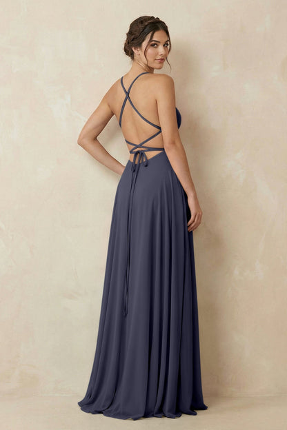 A-Line Chiffon Bridesmaid Dress With Slit in Dusk Blue