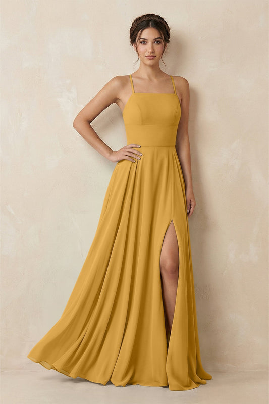 A-Line Chiffon Bridesmaid Dress With Slit in Marigold