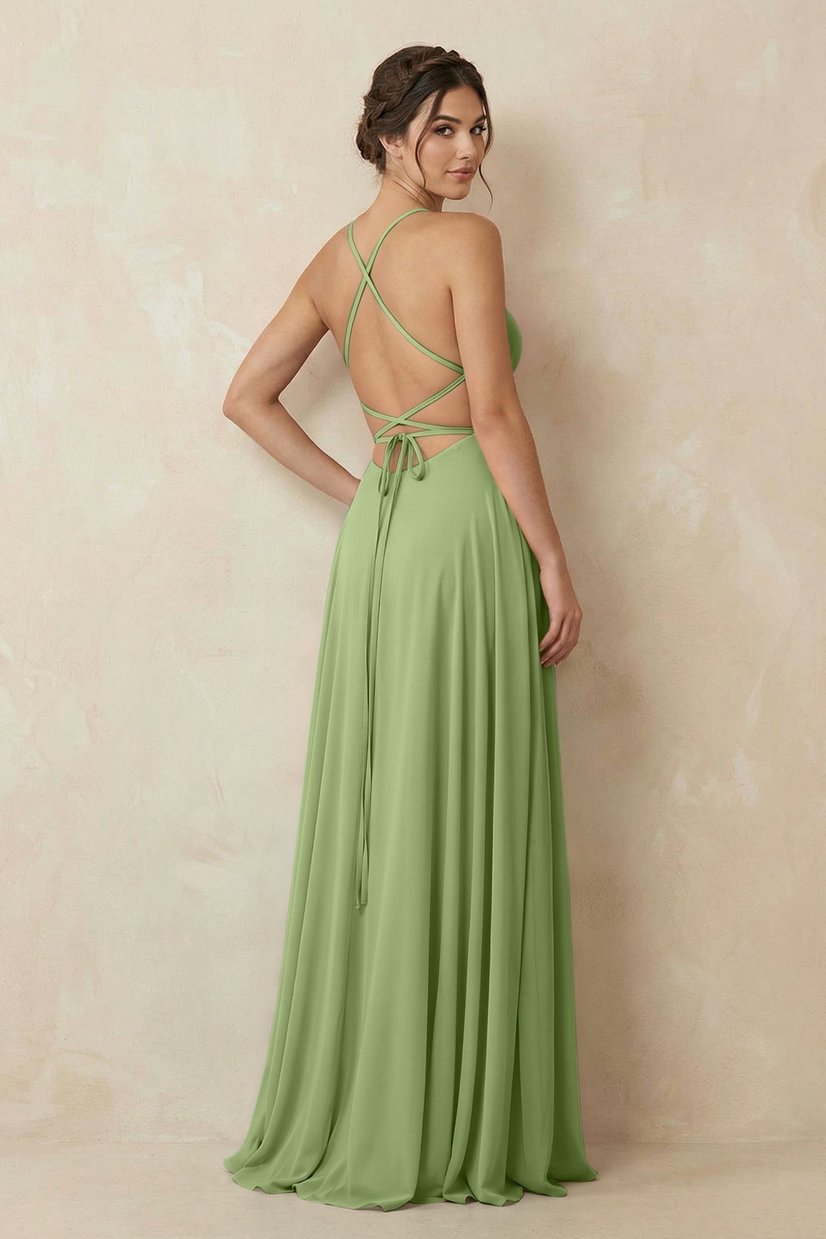 A-Line Chiffon Bridesmaid Dress With Slit in Matcha