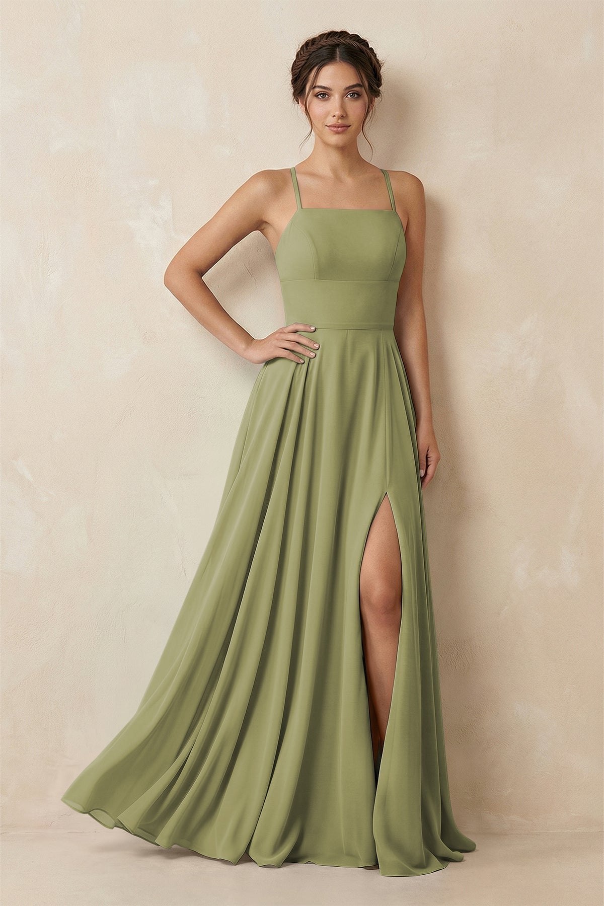 A-Line Chiffon Bridesmaid Dress With Slit in Moss Green