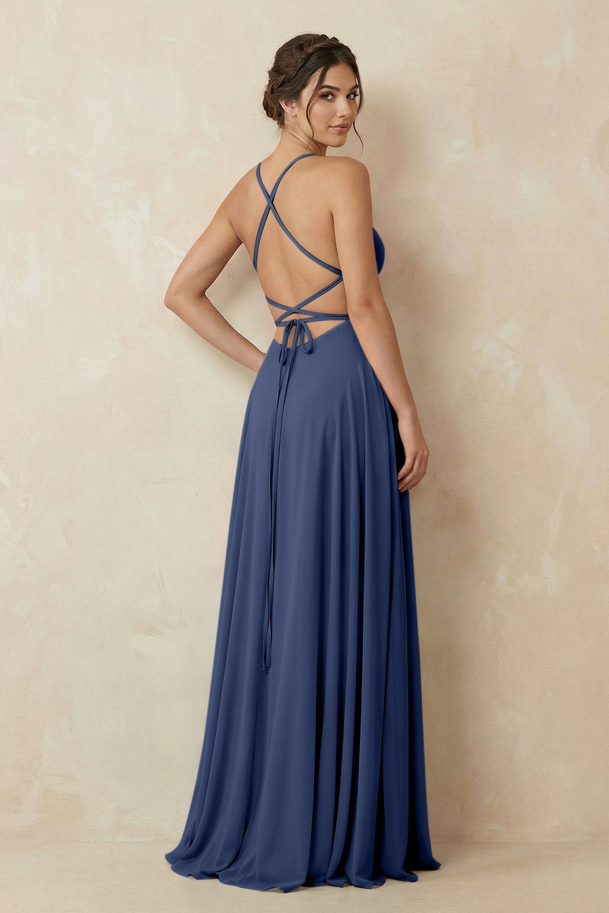 A-Line Chiffon Bridesmaid Dress With Slit in Navy